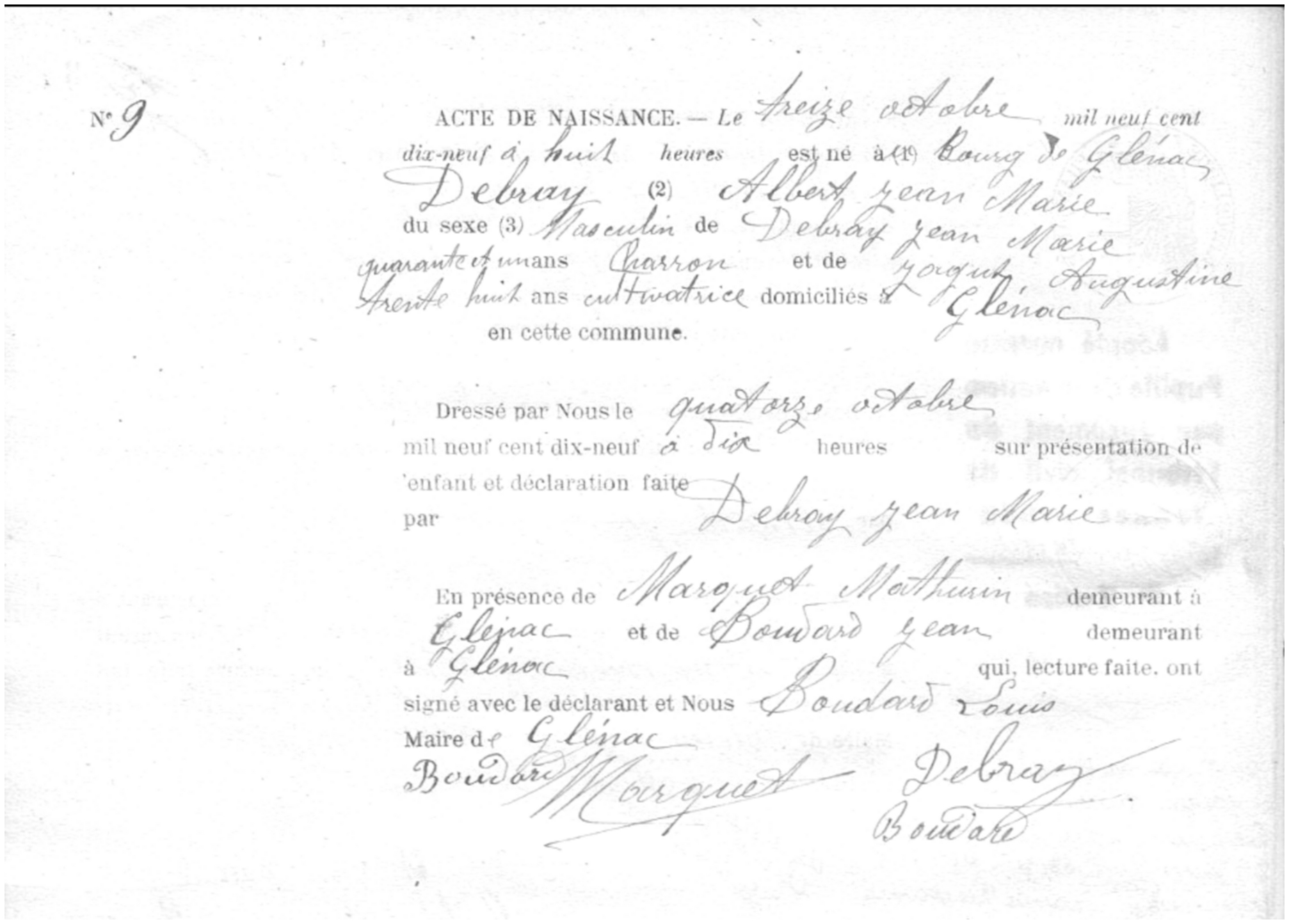 Bulletin de naissance de M. Debray- 