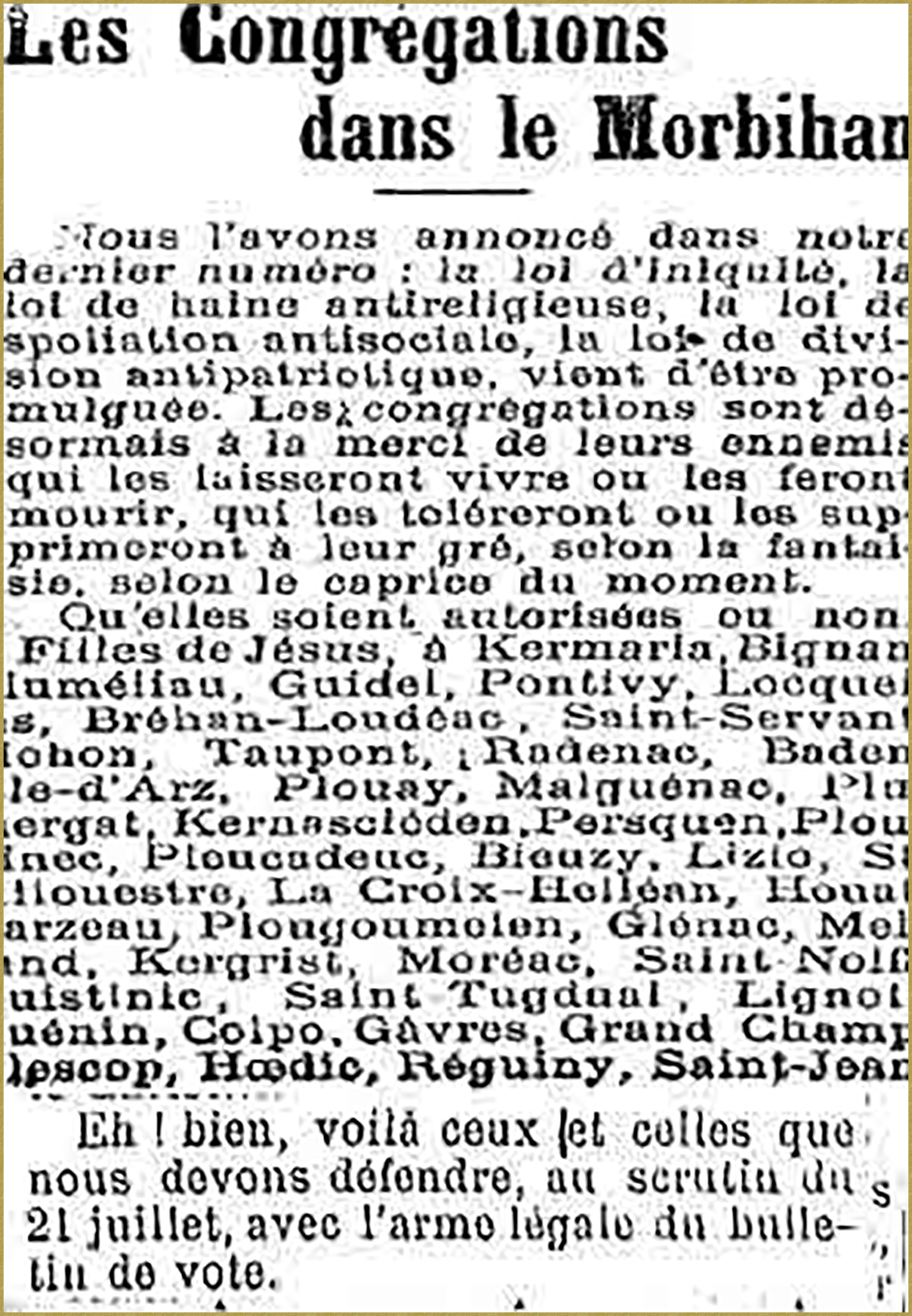 Filles de Jésus à Glénac sont en danger -