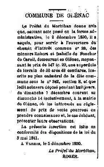 Vente de terrains par M. de Foucher - Histoire de Glénac Vente de terrains par M. de Foucher -